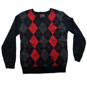 Southpole Mens Sweater Medium V-Neck Pullover Black Red Argyle Knit Classic Y2K
